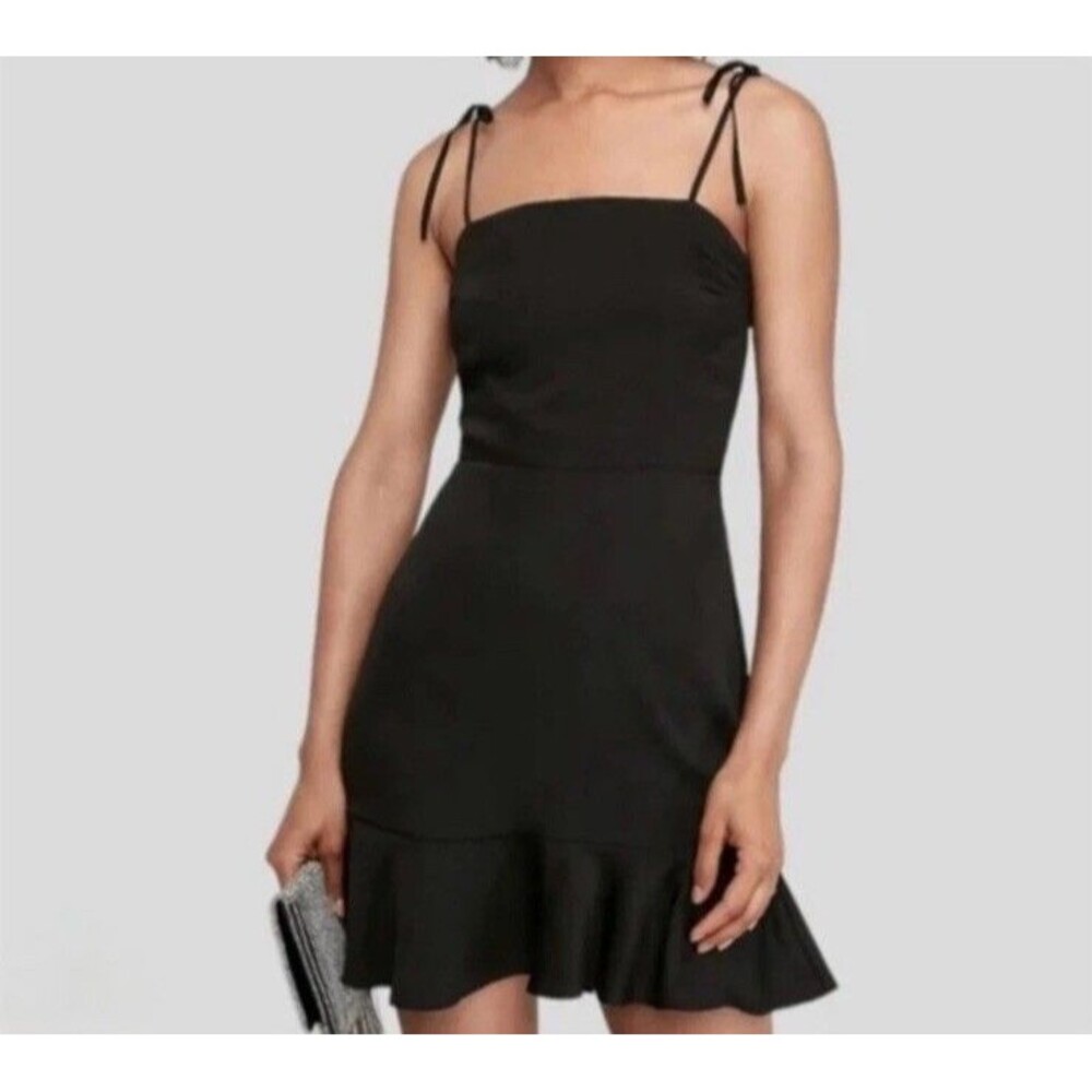 Express Black Tie Shoulder Ruffle Hem Satin Mini Cocktail Dress Sz Medium NWT’s